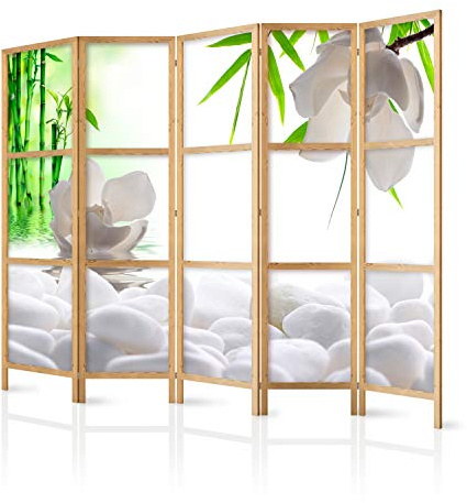 murando - Paravent Raumteiler Holz Blumen Bambus, 225x172 cm, 5-teilig | Mobiler Sichtschutz, sofort einsatzbereit, Holzrahmen, ideal fürs Wohnzimmer oder Büro, geruchsneutral, lichtbeständig