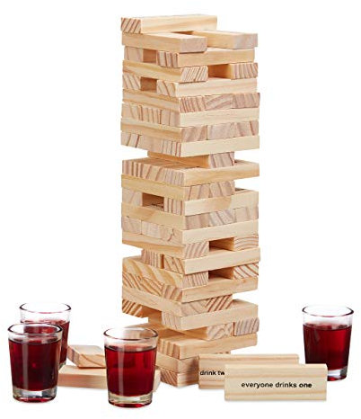 Relaxdays Wackelturm Trinkspiel Drunken Tower, Holzturm 60 Steine, 4 Schnapsgläser, Partyspiel für Erwachsene, natur