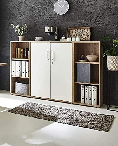 abschliessbare Regalwand Aktenschrank Büroschrank Schrankwand Büromöbel Regal Office Edition in Eiche Sonoma/weiß (Set 2 niedrig)