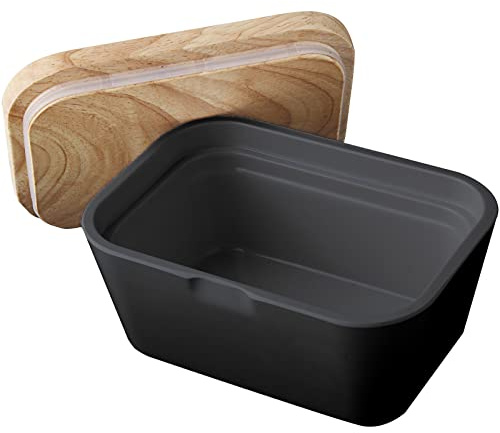 BRUNNER Melamin Butterdose Butter Schale Behälter Holz Brett Deckel Eckig anthrazit