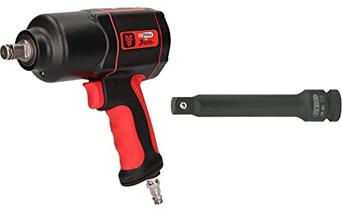 KS Tools 515.1200 THE DEVIL Hochleistungs-Druckluft-Schlagschrauber, Schwaz/Rot, 1/2 Zoll, max. Löse-Drehmoment 1600Nm & 515.1135 1/2 Kraft-Verlängerung, 125mm