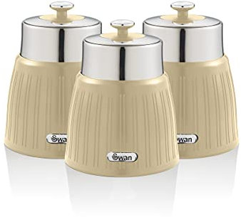 Swan Retro SWKA1024CN Set 3 Botes Cocina Metálicos de Almacenamiento 1 Litro Herméticos, Acero Lacado, Lata de Especias, Té,Café, Pasta, Cereales, Arros, Juego Tarros Diseño Vintage, Crema