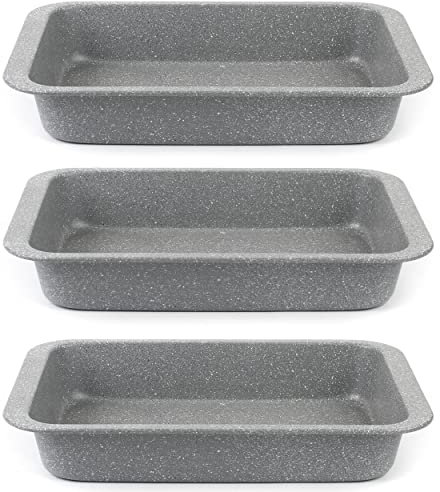 Salter Marble 3-Piece Roasting Tray Set - Set of 3 Non-Stick 36 cm Meat Roasters, Durable Carbon Steel, Oven Safe to 220°C, Easy to Clean, Long-Lasting, Brownie Baking Tin, Grey