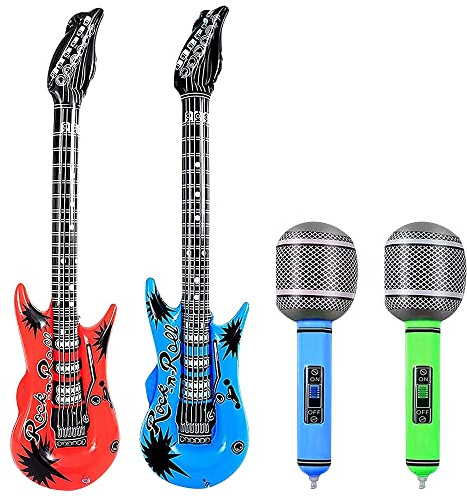 ADQUATOR 4pcs 100cm Guitar and 35cm Microphone Inflatable Balloons, Rock and Roll Musical Instruments Set for Adults Party Props Decorations