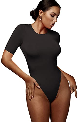 NBBNYJ Body da Donna a Nero Maniche Corte con Girocollo Taglio alto, Body con Controllo della Pancia Top T-Shirt Bodysuit Casuale Jumpsuits Tops