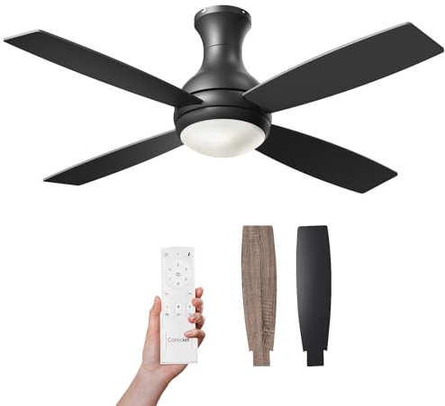 Consciot 52 Inch Ceiling Fan With Lights, Modern Black Ceiling Fan, Remote Control, Quiet Reversible DC Motor, Flush Mount, Dimmable 3CCT LED Light, Double Finish Blade, For Indoor Bedroom Living Room
