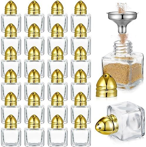 Uiifan 24 Pcs 0.5 oz Cube Shape Small Salt and Pepper Shakers with Gold Tone Tops Clear Mini Glass Seasoning Jars Spice Salt Shakers with Funnel for Gold Wedding Party Home Restaurant Kitchen Travel