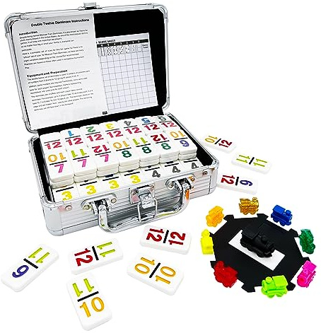 JOYOUSLIFE Mexican Train Dominoes with Numbers, Color Double 12 Numerical Domine Set for Adults and Family, Classic 91 Tiles Board Grame with Aluminym Case