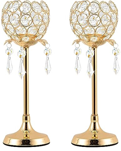 Kehail Crystal Tea Light Candlestick Holders Flower Shape with Crystal Pendant Bowl Votive Metal Candle Holder for Table Centerpieces Wedding Home Decor (Set of 2 high, Gold)