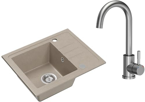 VBChome Handfat beige granit med armatur 55 x 44 cm enkelhandfat inbyggd diskbänk spräcklig reversibel granitdiskbänk sifon tvättställ armatur beige diskho med inox-armatur
