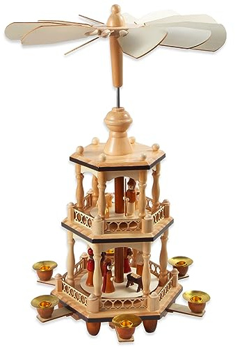 17 Inches Wooden Christmas Pyramid with 6 Candle Holders- Nativity Scene Set-Under The Christmas Tree - Table Top Holiday Decor - 3 Tiers Carousel (ONE)