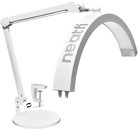 Neatfi Halbmond-LED-Tischlampe für Kosmetiker – 2.500 Lumen | CCT | 5 Lichtmodi | Professionelle Arbeitslampe für Nail Art, Gesichtsbehandlungen, Threading & Tattoos (Weiß, CCT mit Sockel und Klemme)