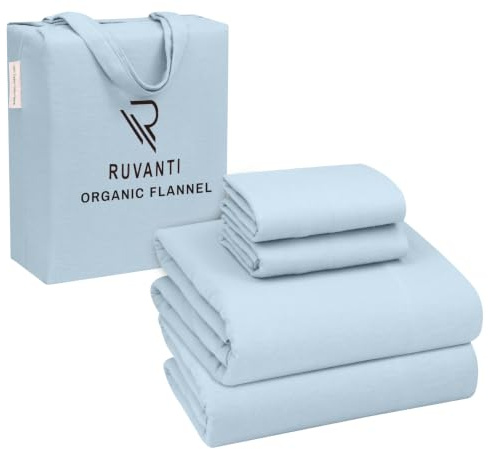 Ruvanti Organic Flannel Sheets Full Size - 100% Cotton Double Brushed Bed Sheet Set - Deep Pocket 16 Inches - All Seasons Breathable, Extra Soft, Warm & Cozy - 4 Pieces - Baby Blue