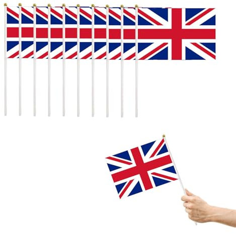 Bandera Británica Union Stick - Mini Bandera UK Portátil para Celebraciones Nacionales y del Día de los Caídos, 14X21cm, 10 Piezas