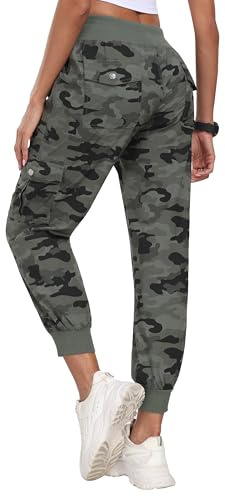 MoFiz Women Cargo Pants with Pockets Lightweight Outdoor Summer Travel Casual Hiking Pants Running Joggers Sweatpants Elastic Waist Camouflage Green M