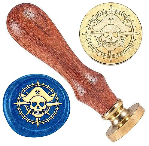 DELORIGIN Wachs Siegelstempel Mit Piratentotenkopf Vintage Kompass Messing | Halloween Wachsstempel Set, Mit Holzgriff, Für Partyeinladungen, Weinpakete Geschenkverpackungen, Karten Dekoration