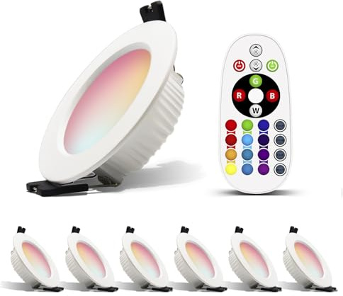 Großcat 6er LED Einbaustrahler RGBW 7W 230V, dimmbar, Ultra Flach, Ø75-80mm | Farbwechsel Einbauspots Rund Deckenspots inkl. Fernbedienung, Alu, für Küche, Bad, Wohnzimmer, CRI>80