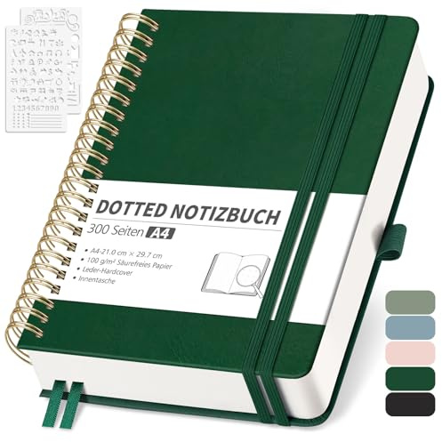 RETTACY A4-linjerad, bullet journal med 100 g/m² tjockt papper, 150 ark/300 numrerade sidor, collegeblock för kontor och skola, läderfodral, mörkgrön, 21 cm x 29,7 cm