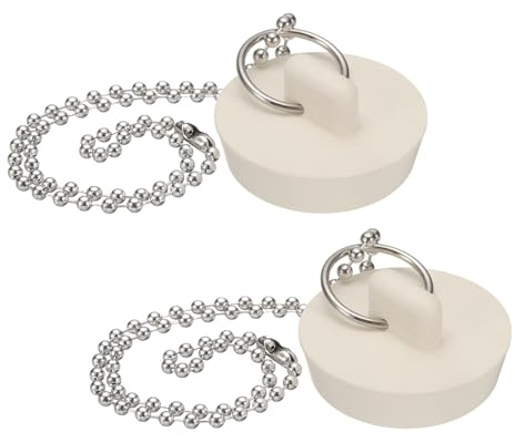 uxcell 2Pcs Drain Stoppers, Rubber Bathtub Stopper Sink Plugs Caps with Hanging Ring and 15 Bead Chains for Bathtub Kitchen Bathroom (White - 1.1 to 1.56)