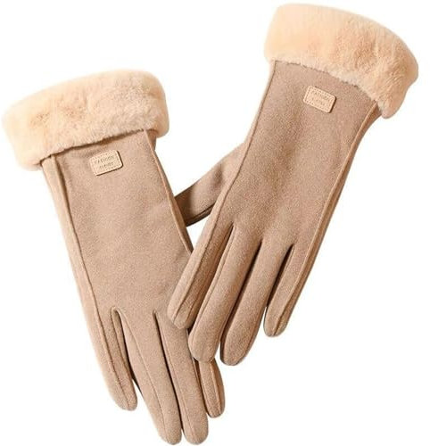 Brauthandschuhe 𝐖eiß Lang Warme Winter-Fahrradhandschuhe für Damen, samtverdickt, kalt und winddicht Handschuhe Mit Federn (Khaki, One Size)