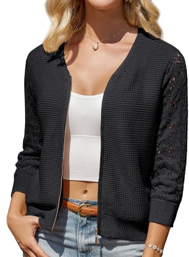 Women Cardigans Elegant V Neck 3/4 Sleeves Hollowed out Knitwear S Black