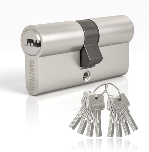 GANZTECH 30/30 (60mm), Serratura a botte in nichel, chiave con 8 chiavi punzonate orizzontali, Serratura a cilindro europeo in Lega di alluminio, Stabile sicura per porte in legno, composite e UPVC
