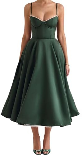 YILKOO Abito Elegante senza Maniche da Donna Abiti Vita Alta Linea A Midi con Tasche e Spalline Sottili(Dark Green,Small)