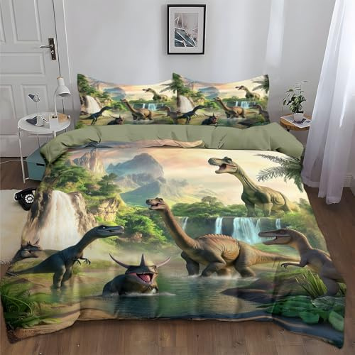 Dinosaure De Dessin Animé Housse de Couette 90 x 190 cm pour Adulte Enfant - Cascade De La Forêt Imprimé 1 Personnes Parure de Lit, Doux Sets de Housse Couette en Coton Polyesters