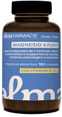 Magnesio Completo 4 Fonti Alma Farmacie, 180 Compresse Scorta, Magnesio Citrato, Cloruro, Vitamine B1 B12 E per Energia, Stanchezza, Funzione Muscolare e Psicologica