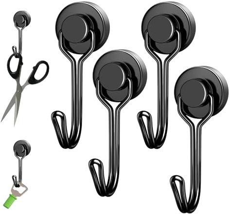 Daryunk 4Pcs Black Magnetic Hooks, with Hooks, 16MM Strong Magnetic Hook for Kitchens, Fridge, Door, Locker, Garages and Camping