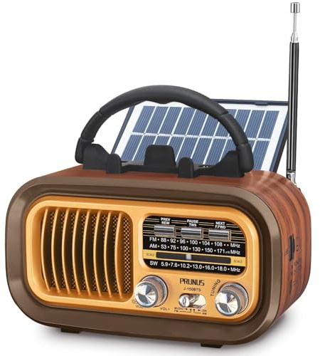 J-150 Radio Vintage Retro FM/Am/SW, Radio Portatil Pequeña Recargable de 1200mAh, o Funciona con 2 Pilas D, con Panel Solar, Transistores Radios con Bluetooth,(Oro con panel solar)