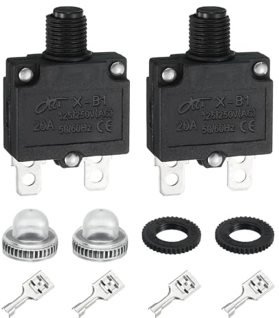 sourcing map 2 interruttori termici da 20 A, 125/250 V AC, 32 V CC, reset manuale a pulsante, protezione da sovraccarico, con tappi a pulsante impermeabili, terminali a connettore rapido