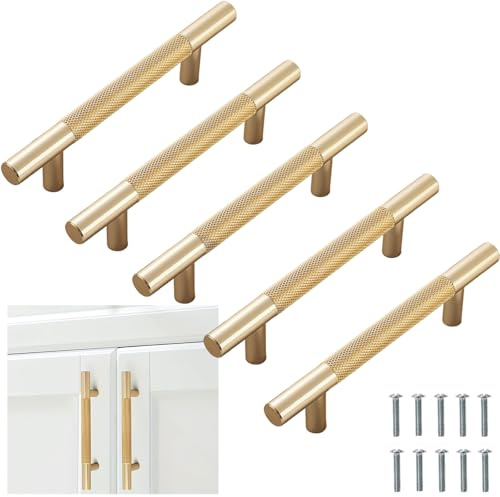 Bikasun Lot de 5 poignées d'armoire Dorées, Espacement des trous : 96 mm, Pour armoires de cuisine, armoires de salle de bain