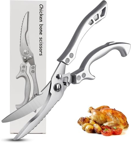 Fleymu Ciseaux à Volaille Professionnels - Ciseaux de Cuisine en Acier Inoxydable Lame Crantée pour Poulet, Viande, Os, Légumes, Poisson et Dinde