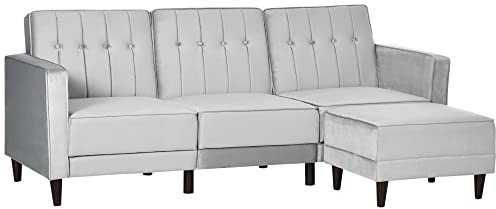 HOMCOM Sofá Cama con Chaise Longue de 3 Plazas Convertible con Reposapiés Movible Reposabrazos Respaldo Regulable y Patas de Madera Tacto Aterciopelado 218x85x86 cm Gris Claro