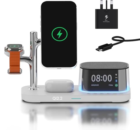 Trådlös Laddningsstation 5-i-1 med Alarm, Bluetooth-högtalare och LED-Nattlampa kompatibel med MagSafe från MMOBIEL – 25 W Qi2.2 Magnetisk Laddare för iPhone, Apple Watch – Vit