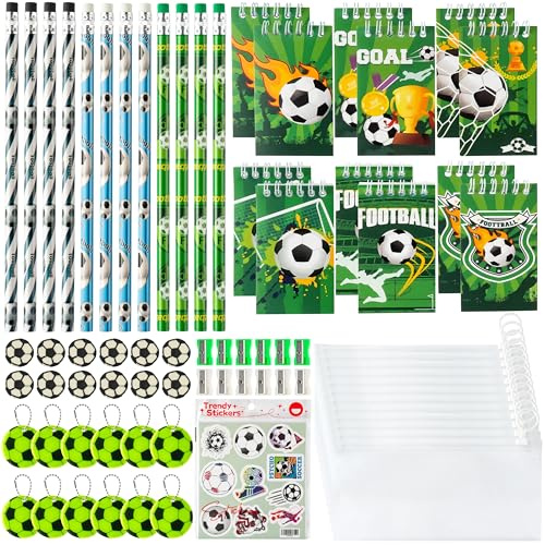 YINGENIVA 132 Stück Fußball Party Mitgebsel Kinder Fußball Schreibwaren | Bleistift, Radiergummis Schlüsselanhänger Anspitzer Taschen, für Kindergeburtstag Schulbelohnungen Goodie Bag Füllung