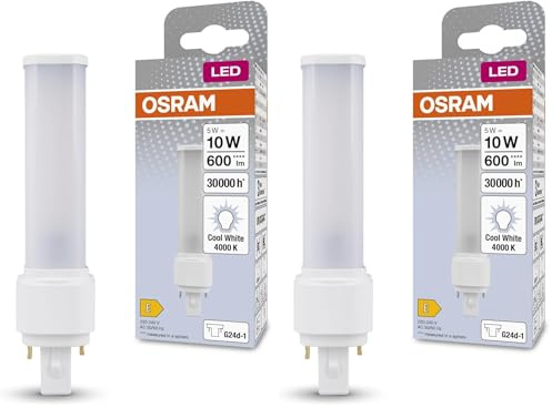 OSRAM DULUX LED D10 EM, G24D-1, 5W, 600lm, 4000K, colore della luce bianco freddo, testa girevole per luce direzionale, sostituzione LED per lampade fluorescenti compatte con attacco G24D-1