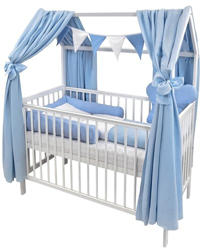 Generisch Baby Delux Hausbett Himmel Betthimmel aus Musselin 2-teilig 160x300 cm 2 Stück für Kinderbett Babybett Hausbett mit Schleife Deko Himmel für Mädchen und Jungen (Blau)