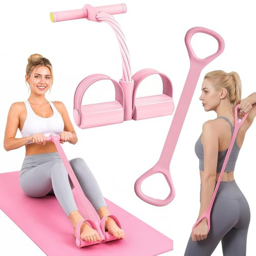 Pedal Resistance Bands with Handle - 4 Tube Ab Workout Equipment, Sit Up Trainer Elastic Pull Rope, Full Body Fitness Expander for Home Gym, Leg Trainer for Abs, Arms, Weight Loss, Yoga