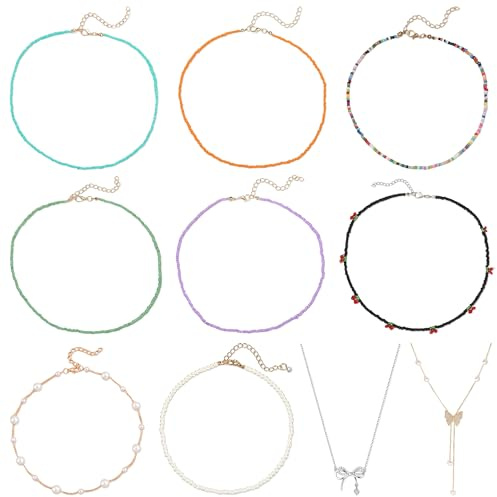 YiiHHooN Bunte Perlenkette Damen, 10 Stück Farbige Perlen Halskette, 10 Stile Sommerliche Perlenkette Bunt Boho Kette Bunte Sommer Choker Halskette für Damen Schmuck