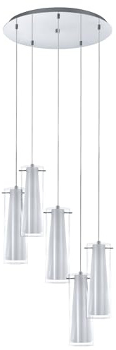 EGLO Pendellampe Pinto,5 flammige Pendelleuchte, Material: Stahl | Farbe: Chrom, Glas: klar, opal matt, weiß, Fassung: E27
