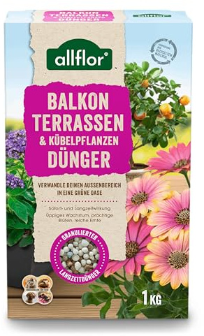 Allflor Balkonpflanzendünger 1 x 1 kg I 5 Monate Langzeitwirkung I Feingranulat in der Faltschachtel I Für Beet-, Balkon- und Kübelpflanzen I NPK-Dünger mit optimaler Nährstoffversorgung