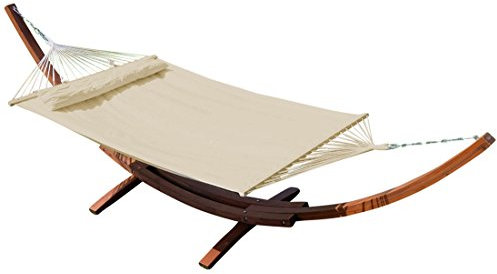 ALEOS. AS-S 410cm XXL Luxus Hängemattengestell Limited Edition Creme Gestell aus Holz Lärche mit Stabhängematte GEPOLSTERT inkl. Kopfkissen Edelstahl Ketten Karabiner und Schrauben