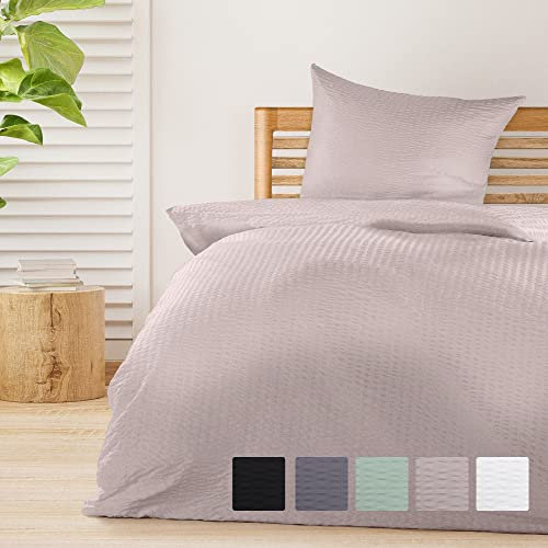 Beautissu Juego de Ropa de Cama Meline - 1 Set de 155x220 cm Ropa de Cama de sirsaca Transpirable y Agradable para la Piel - Juego de Funda nórdica refrescante con Funda de Almohada - Taupe