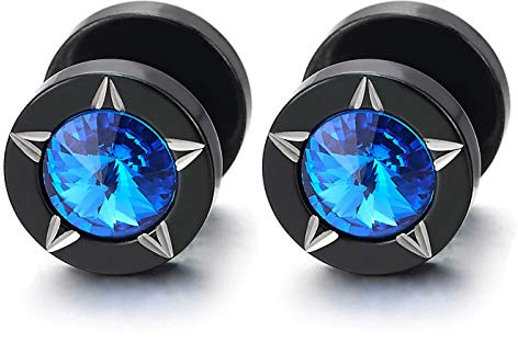 Uomo Donna Nero Stella Modello Laser Cerchio Orecchini con Blu Zirconi Finto Dilatatore Fake Cheater Plug Gauges Acciaio