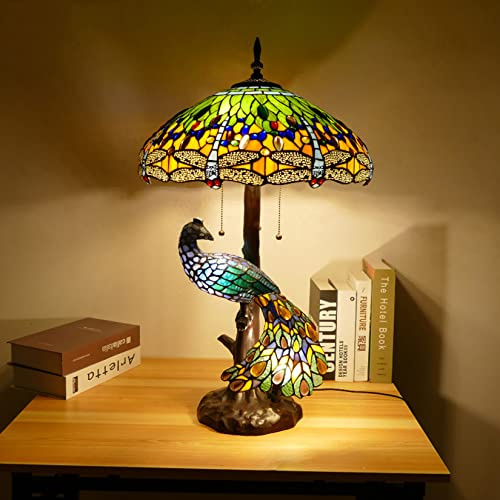 Tiffany Style 5-Lights Dragonfly Table Lamp Vintage Handmade Stained Glass Desk Lamp with Peacock Base for Living Room Bedroom Cafe Bar,Green