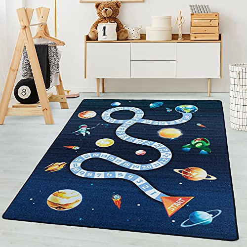 Barnmattor, Marinblå färg, Design av yttre rymden, 105298, Rektangulär Matta, Matta barnrum babyrum, 120 x 170 cm