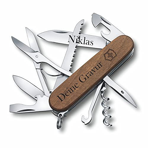 Taschenmesser Huntsman Wood aus Holz mit Gravur I Geschenk für Männer Frauen I zum Geburtstag I Schweizer Taschenmesser personalisiert Griff Klinge (Gravur auf der Klinge)