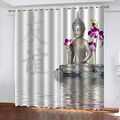 GDYRBY 2 Stücke Gardinen Mit Ösen 200X160cm(HxB) - 3D Druck Buddha-Statue Muster Verdunkelungsvorhang Blickdichte Vorhänge Fensterdekoration Vorhang Für Schlafzimmer Wohnzimmer